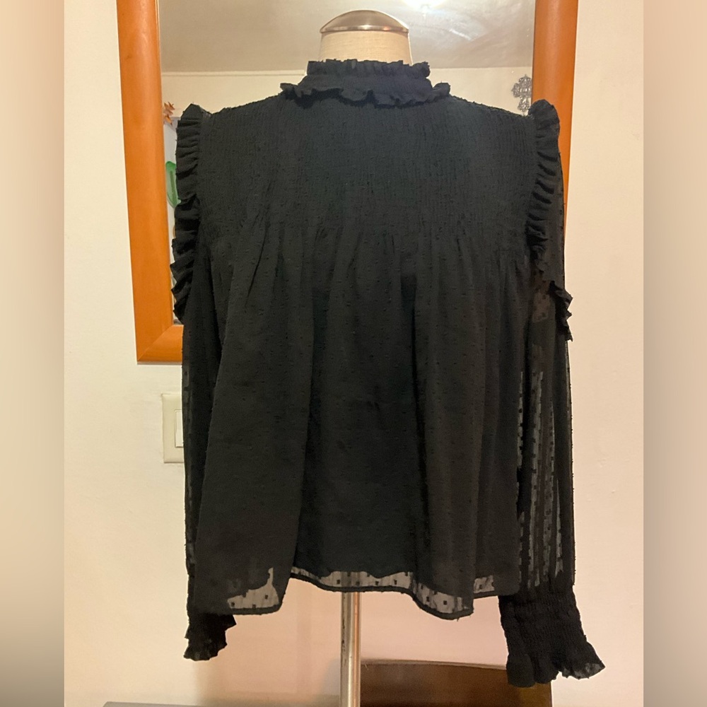 Zara Elegant Black Smocked - Ruffle Blouse
